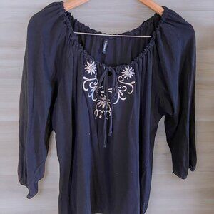 Molly Maxi Womens Peasant Top L Black Embroidered Floral Design 3/4 Sleeves Boho